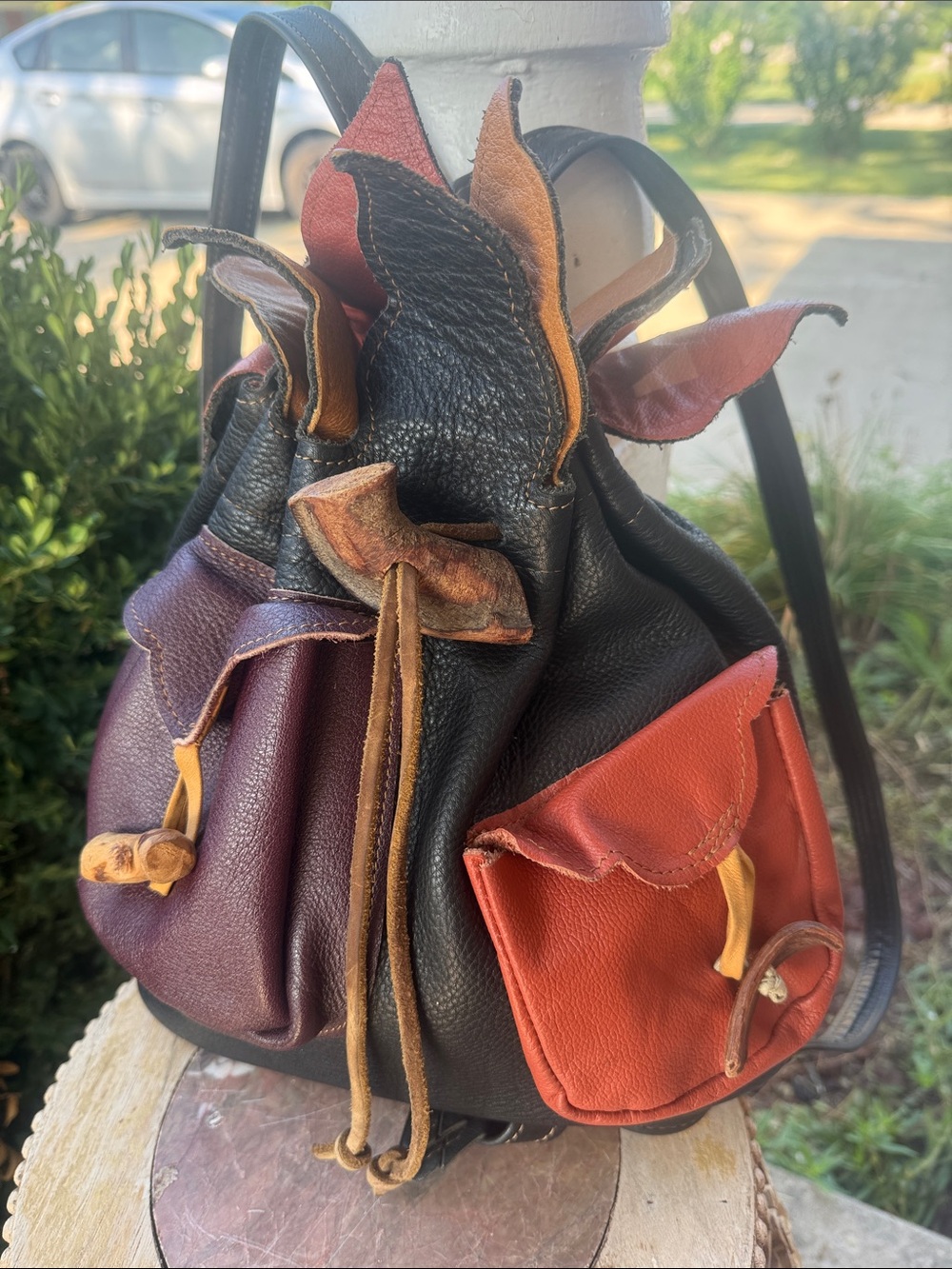 Unique ❤️‍🔥leather Handmade 🧡🖤Multi-Color Leather Drawstring Bucket Bag 💜🖤